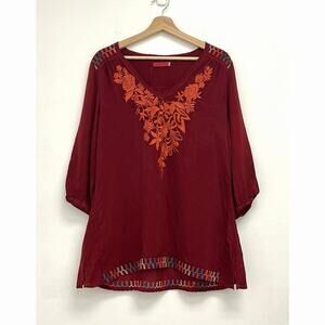 Johnny Was Floral Embroidered Colorful Lightweight Boho Bohemian Tunic Top Small